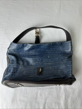 Dooney & Bourke Blue Croc-Embossed Shoulder Bag with Brown Trim